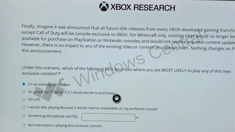 Click to view fullscreen XBOX Research survey question.