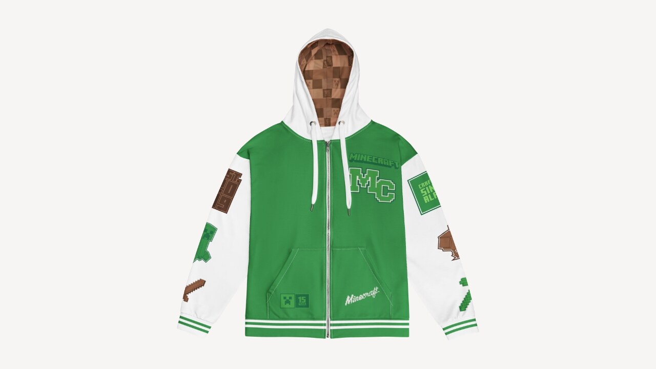 An image of the Minecraft 15th Anniversary letterman jacket