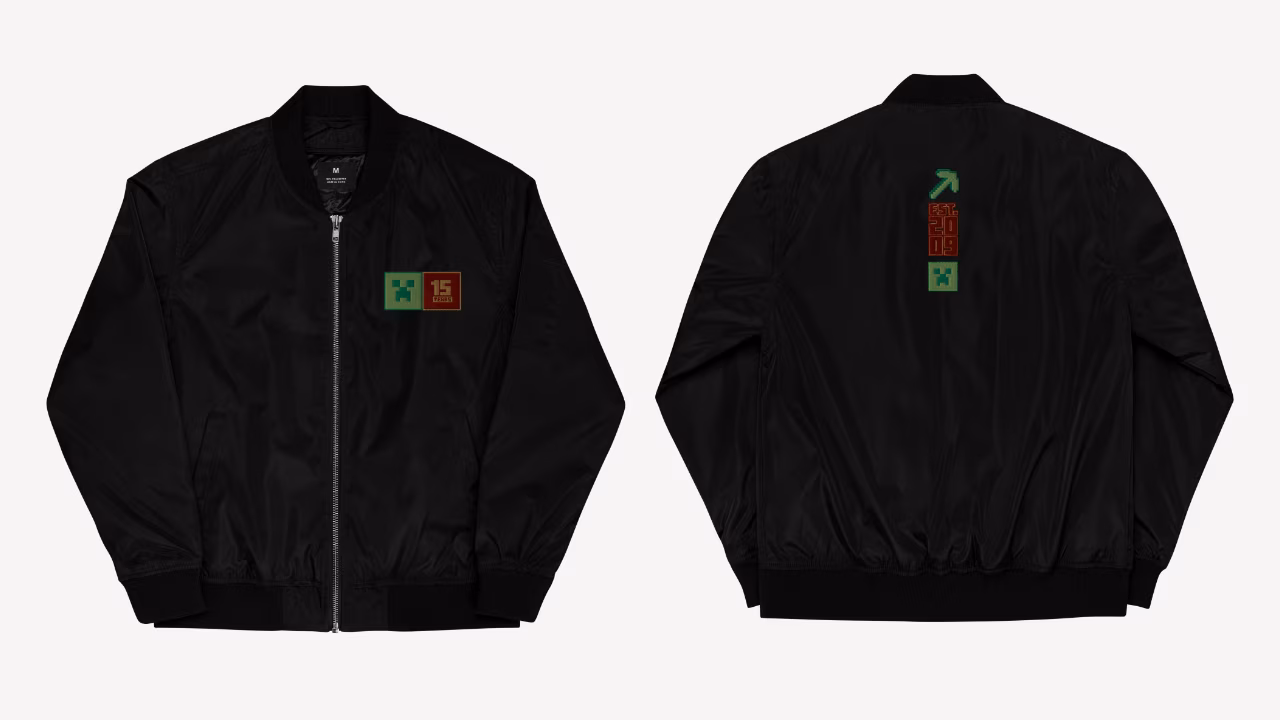 An image of the Minecraft 15th Anniversary collection bomber jacket in black
