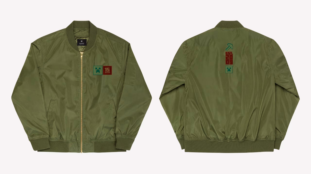 An image of the Minecraft 15th Anniversary collection bomber jacket in olive green