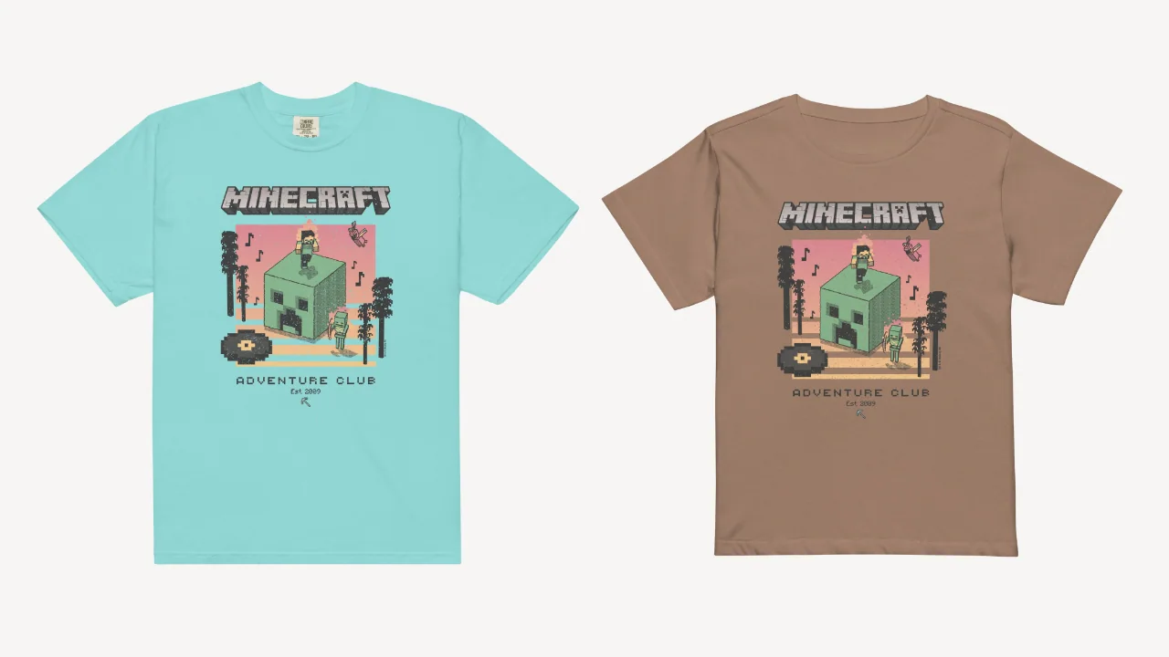 An image of the two band T-shirts, one blue and one brown, both with the same colorful vintage design