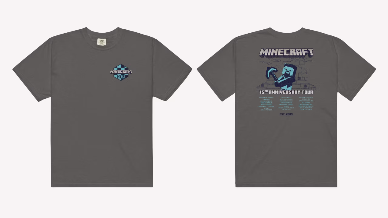 An image of the front and back of the Minecraft tour tee