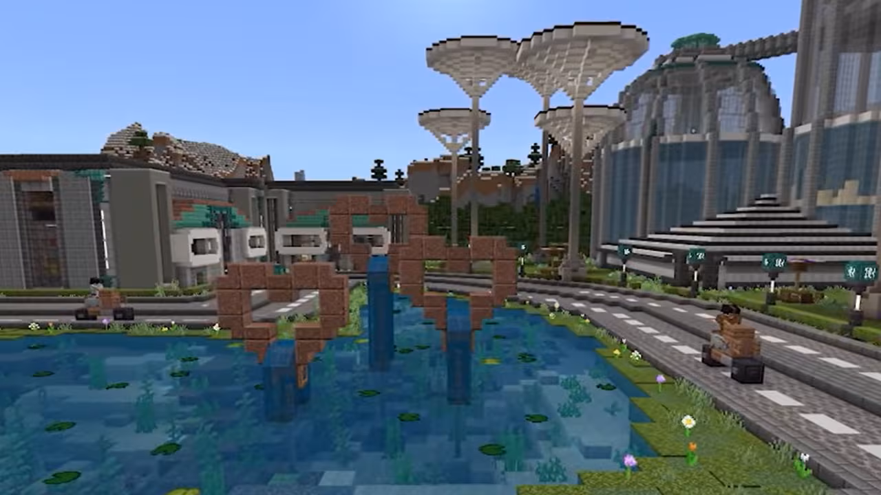 Image created in Minecraft of a large water area where there are heart shaped structures rising from the pond, little delivery drones driving on small roads surrounding the pond, some stone buildings in the background, and tall umbrella-esque structures. 