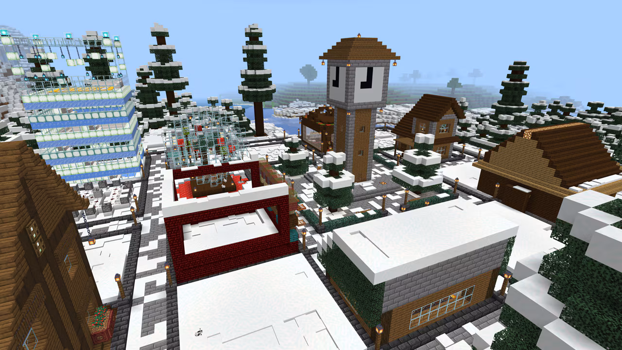 Image from Minecraft of a close-up shot of a snow covered winter village complete with a giant clocktower in the center. 
