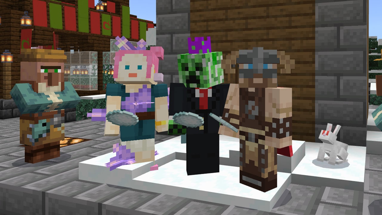 Image from Minecraft of 3 players holding snowballs gathered together atop a snowy stone path, with a villager to the left, some rabbits to the right