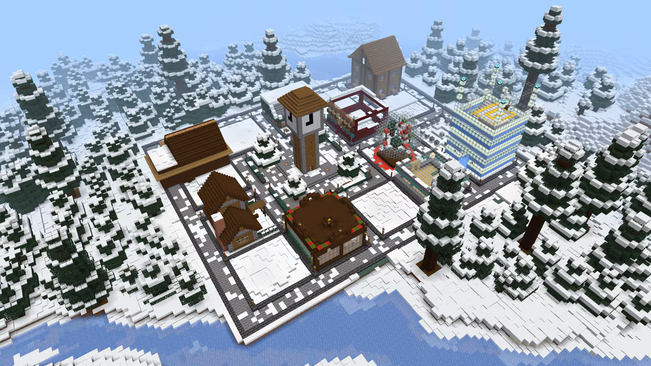 Overhead image of a snow covered village in Minecraft with a large clocktower in the center