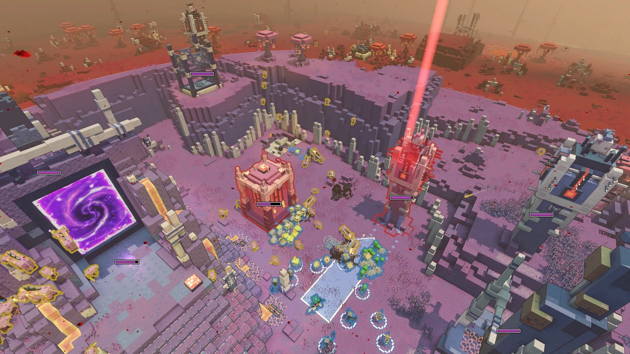 A screenshot taken in Banner View showing several piglin structures with health bars on them.