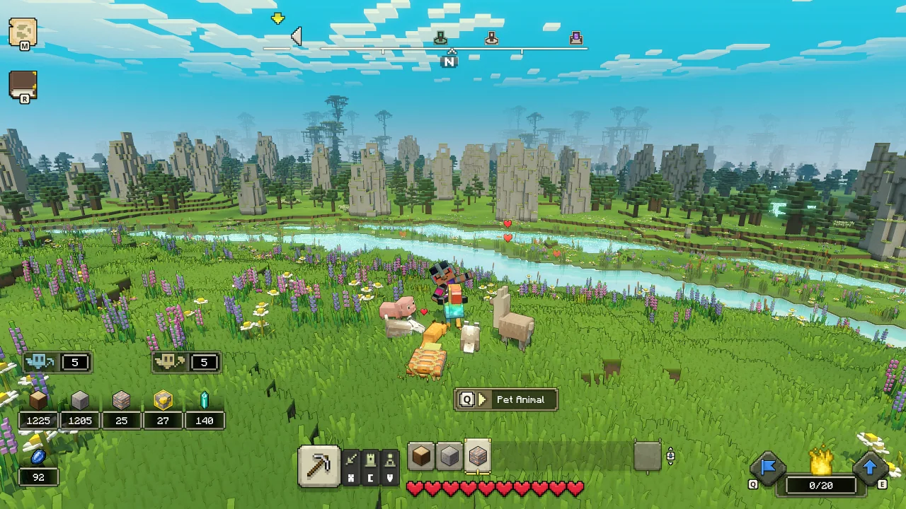 A screenshot of a player character petting several animals in Minecraft Legends.