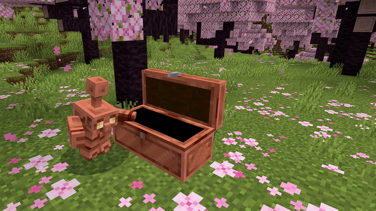 A screenshot of a copper golem standing next to an open copper chest inside a cherry blossom grove.