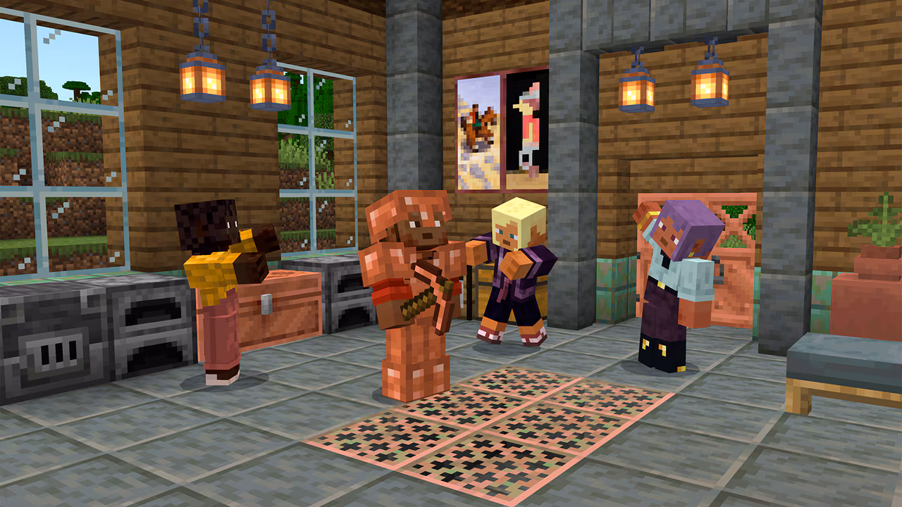 A screenshot of four player characters inside a base. One of them is wearing full copper armor and holding a copper pickaxe.