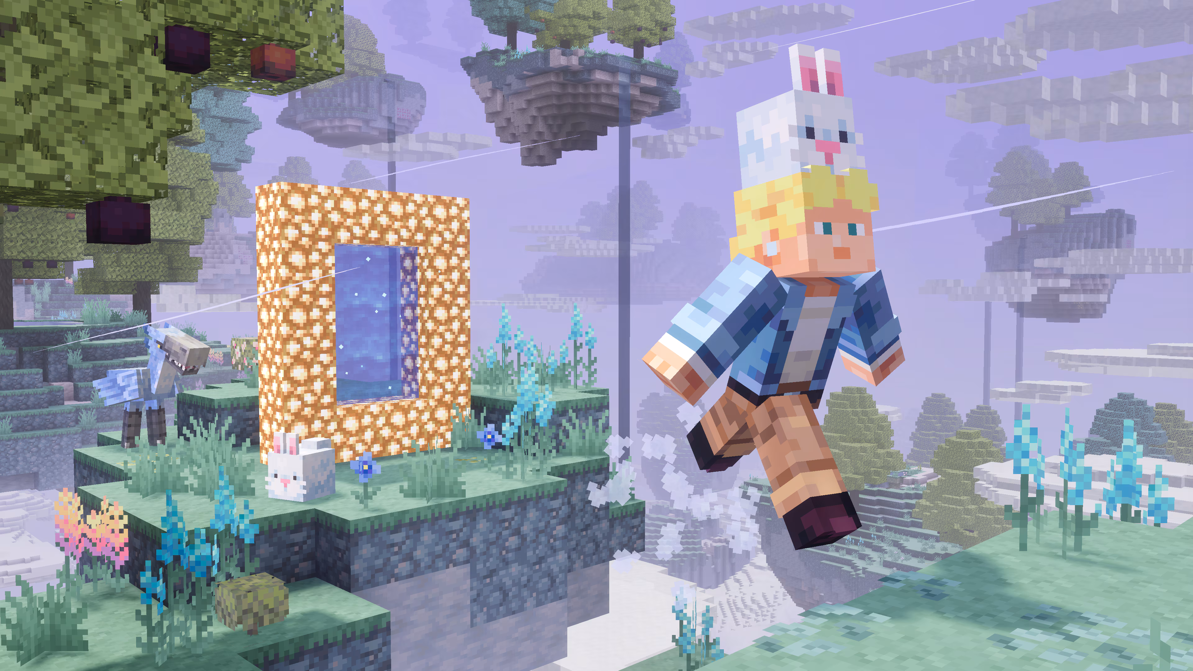 Minecraft player wearing a bunny hat runs beside a glowing portal on a floating island surrounded by floating landmasses and magical creatures.