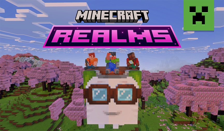 Three player characters riding atop a happy ghast over the cherry grove with the Minecraft Realms logo above