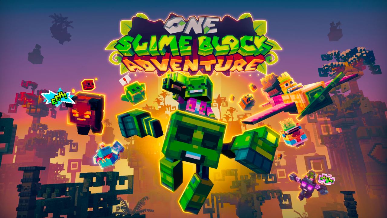 Several green, red, and purple slime block characters carrying slime tools or flying an airplane getting blasted from the middle of a huge build at sunset with the One Slime Blocke Adventure logo above