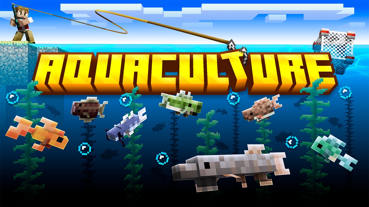 A player standing on shore fishing with fish in different colors and sizes swimming below the surface. Above is the logo for Aquaculture