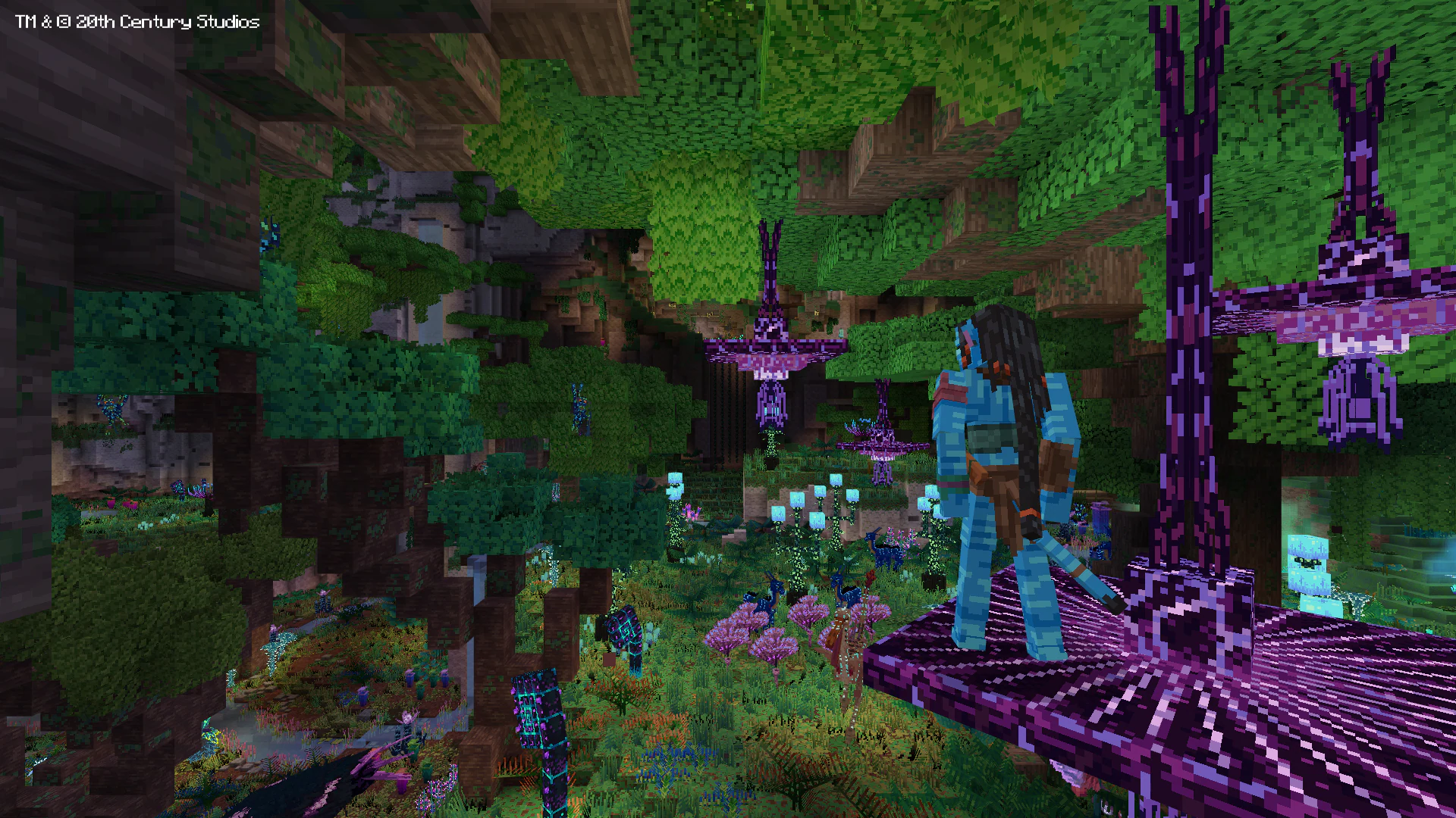 A Na'vi character among the purple tree tops