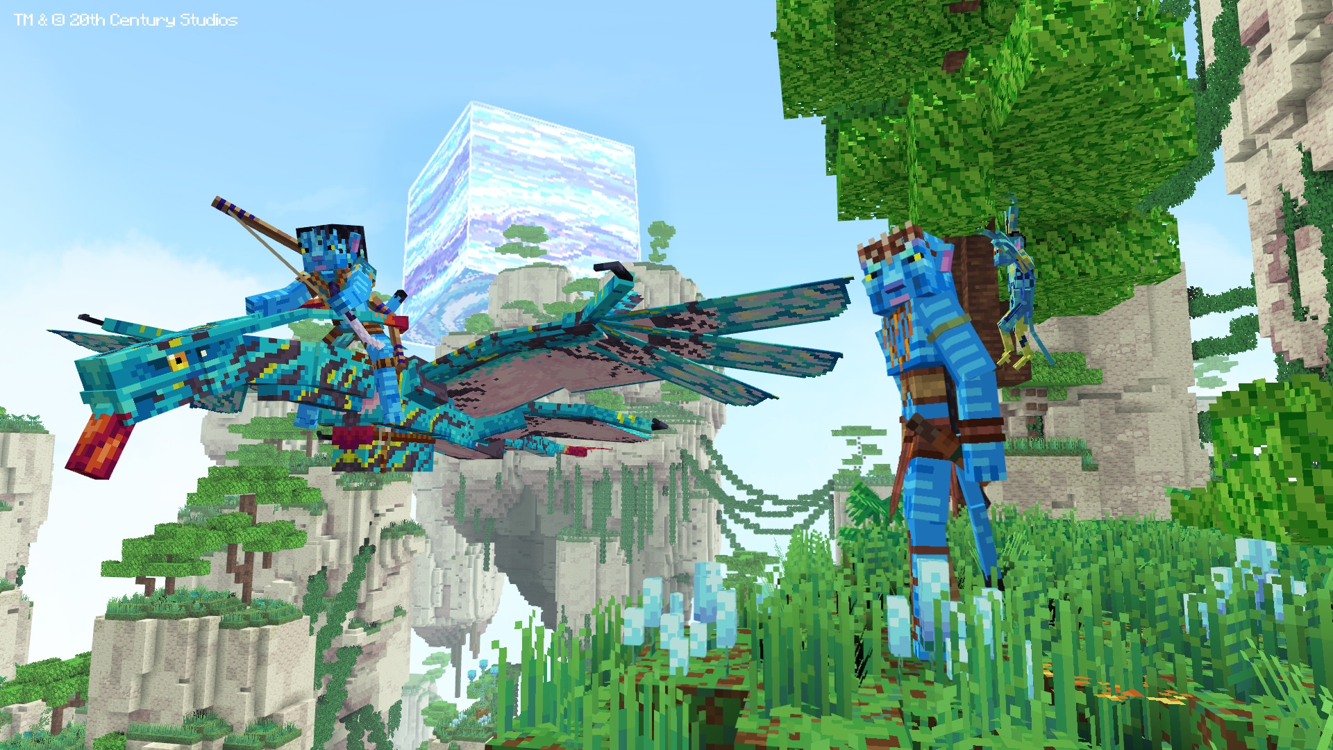 Two Na'vi characters on Hallelujah mountains, one flying an ikran 