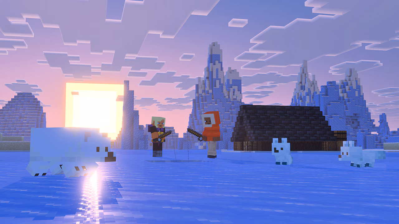 Icy Minecraft biome at sunset. A player stands on frozen water near a baby polar bear and white baby foxes. Tall ice spikes rise behind them, and the low sun reflects on the ice surface.