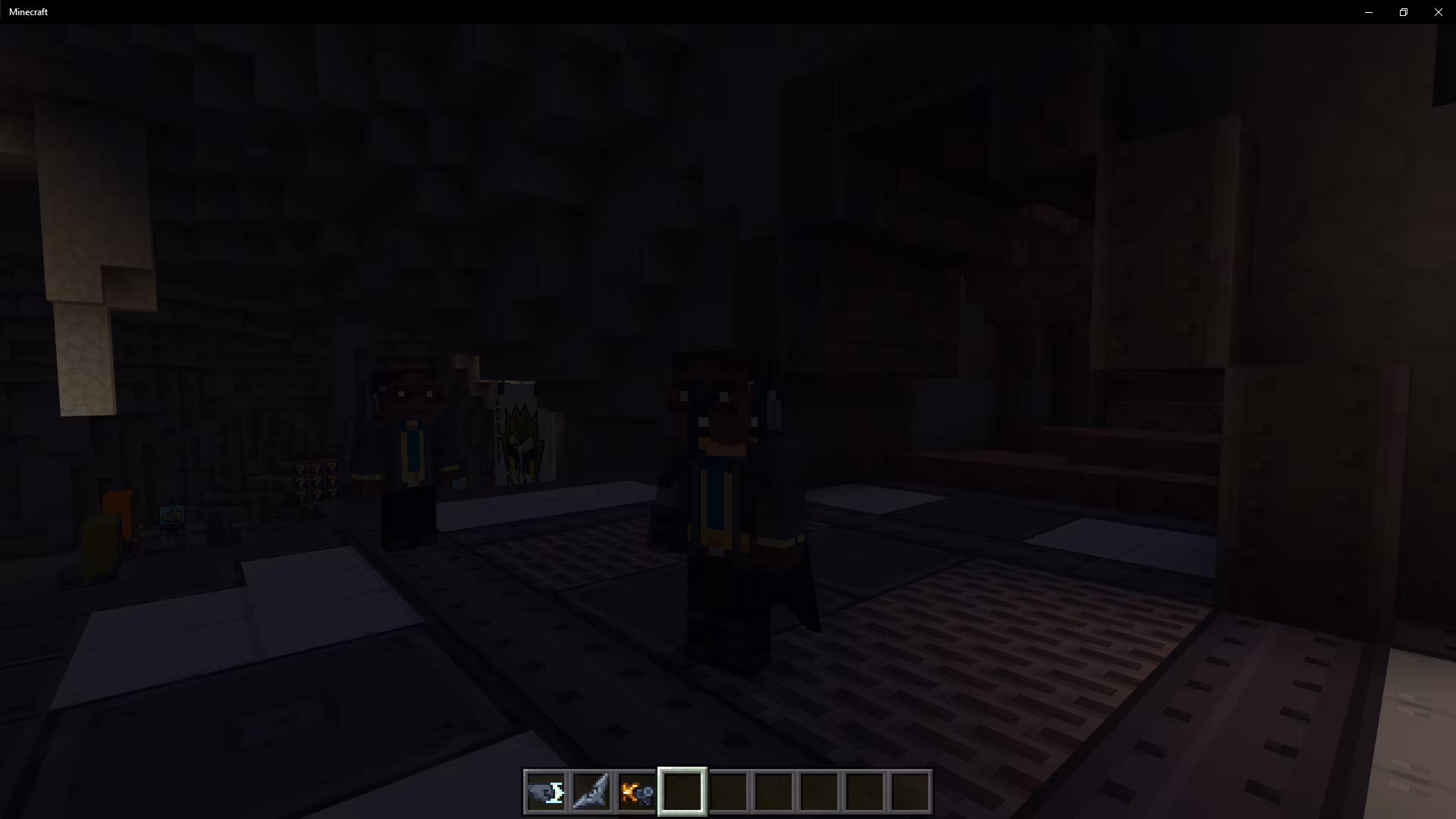 Dark image from the Minecraft Batman DLC of a player in a Batman skin with a small Lucius Fox character nearby