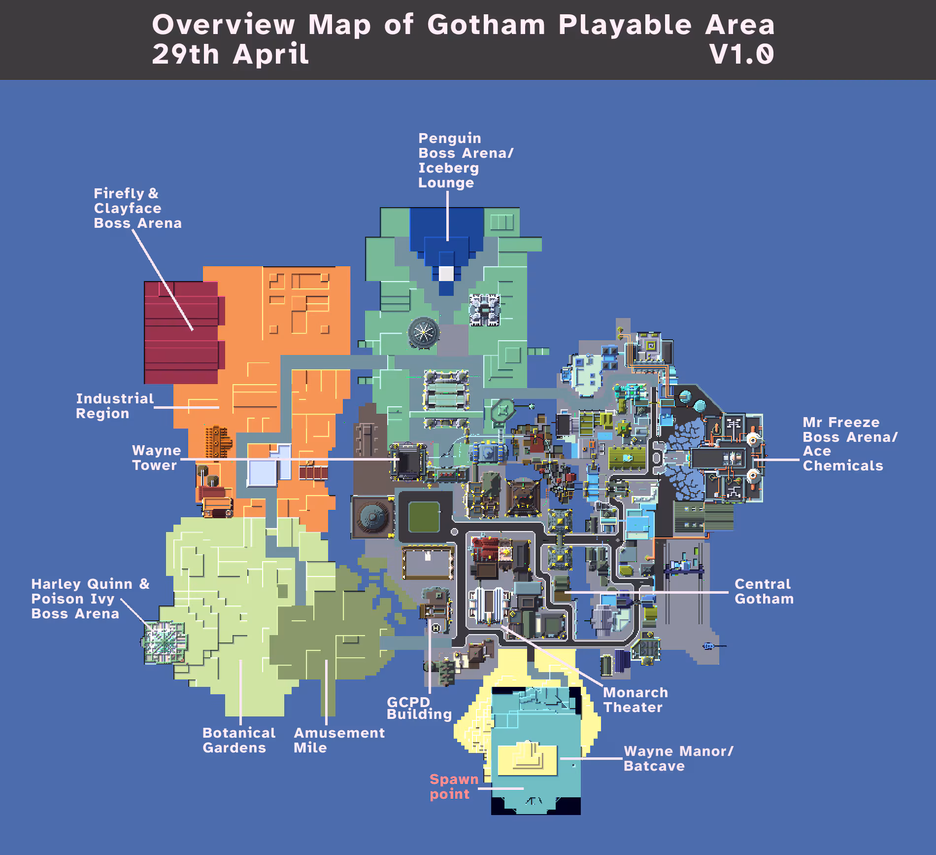 Overview map of the playable Gotham City area from the Batman DLC in Minecraft