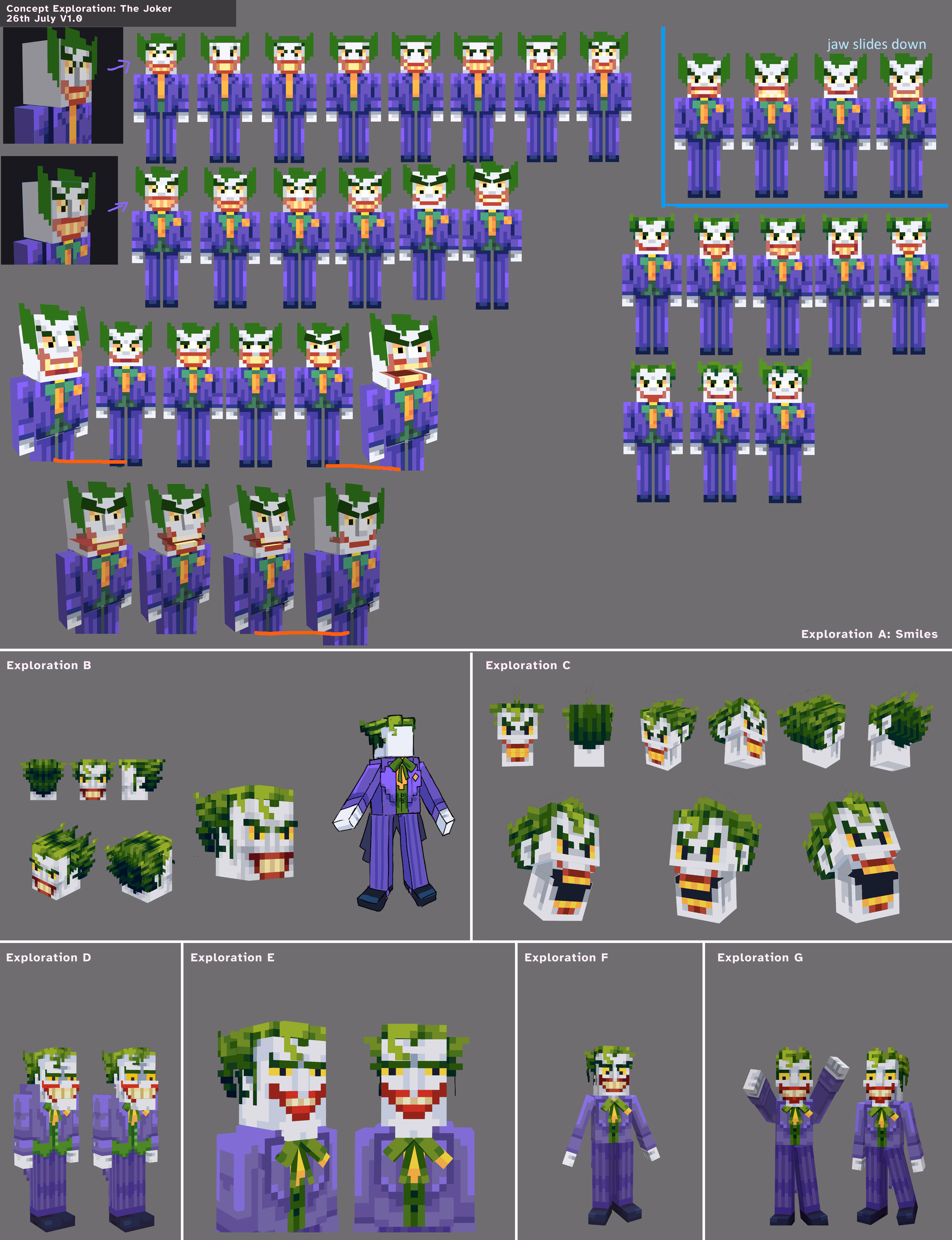 Concept art from the new Batman DLC in Minecraft of the different versions of The Joker in his iconic purple suit.