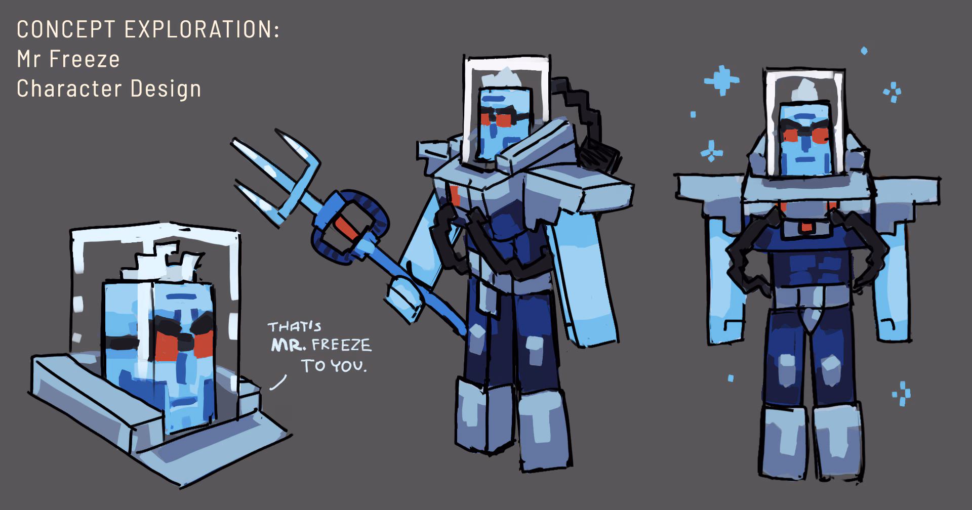 Concept art of Mr Freeze design in the new Batman DLC in Minecraft where he's holding a trident