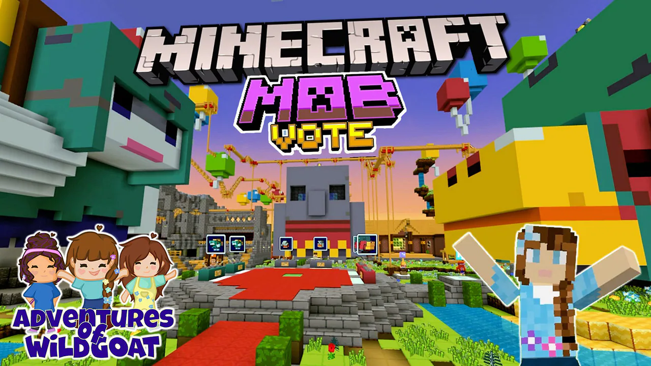 Image of a scene from Minecraft where there is a red carpet leading up to a stone platform and a large tuff golem in the background with the words Minecraft Mob Vote centered in the middle and words Adventures of Wild Goat in the bottom left corner
