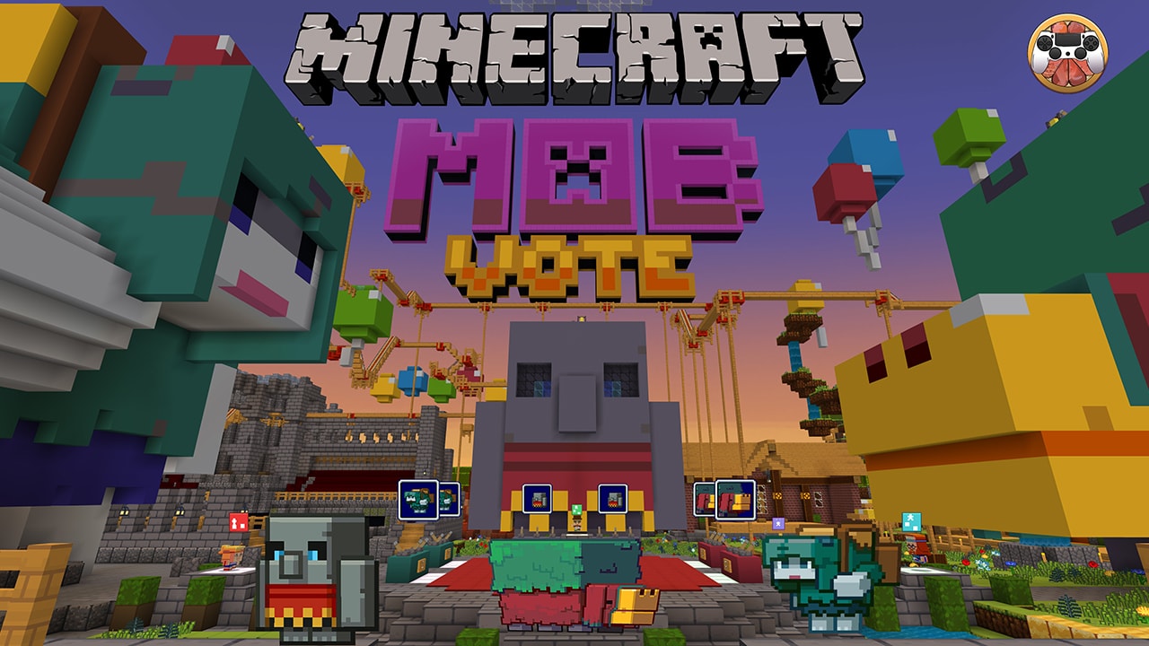 Image of a scene from Minecraft where there is a red carpet leading up to a stone platform and a large tuff golem in the background with the words Minecraft Mob Vote centered in the middle 
