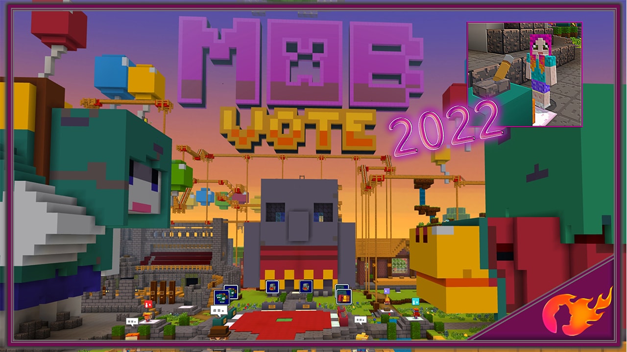 Image of a scene from Minecraft where there is a red carpet leading up to a stone platform and a large tuff golem in the background with the words Minecraft Mob Vote centered in the middle