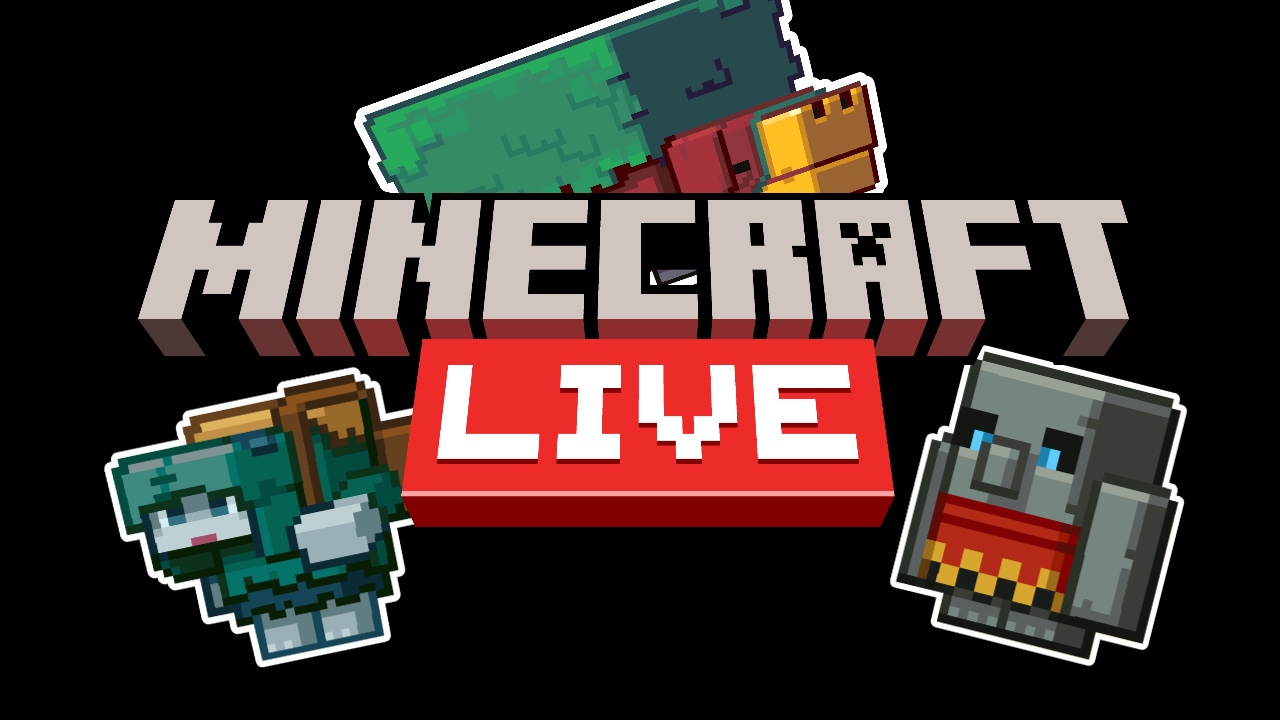 Image of a black background and the words Minecraft Live centered, surrounded by the three options for the 2022 Minecraft Live Mob Vote: the Sniffer which somewhat resembles a platypus with brick red hair topped with additional teal green hair across the back, the Rascal, that is a teal-ish creature standing on two legs holding a backpack, and the tuff golem that is a grey stone looking golem holding a red package