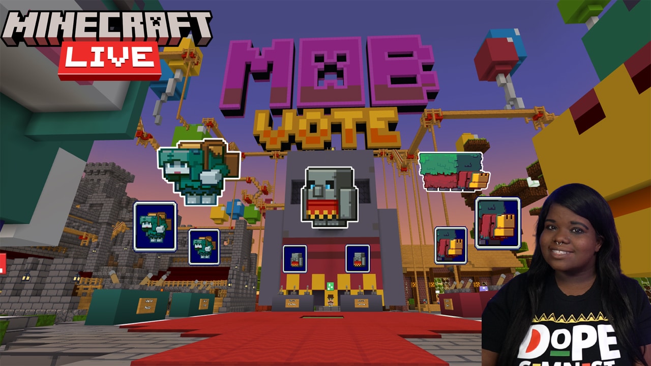 Image of a scene from Minecraft where there is a red carpet leading up to a stone platform and a large tuff golem in the background with the words Minecraft Mob Vote centered in the middle