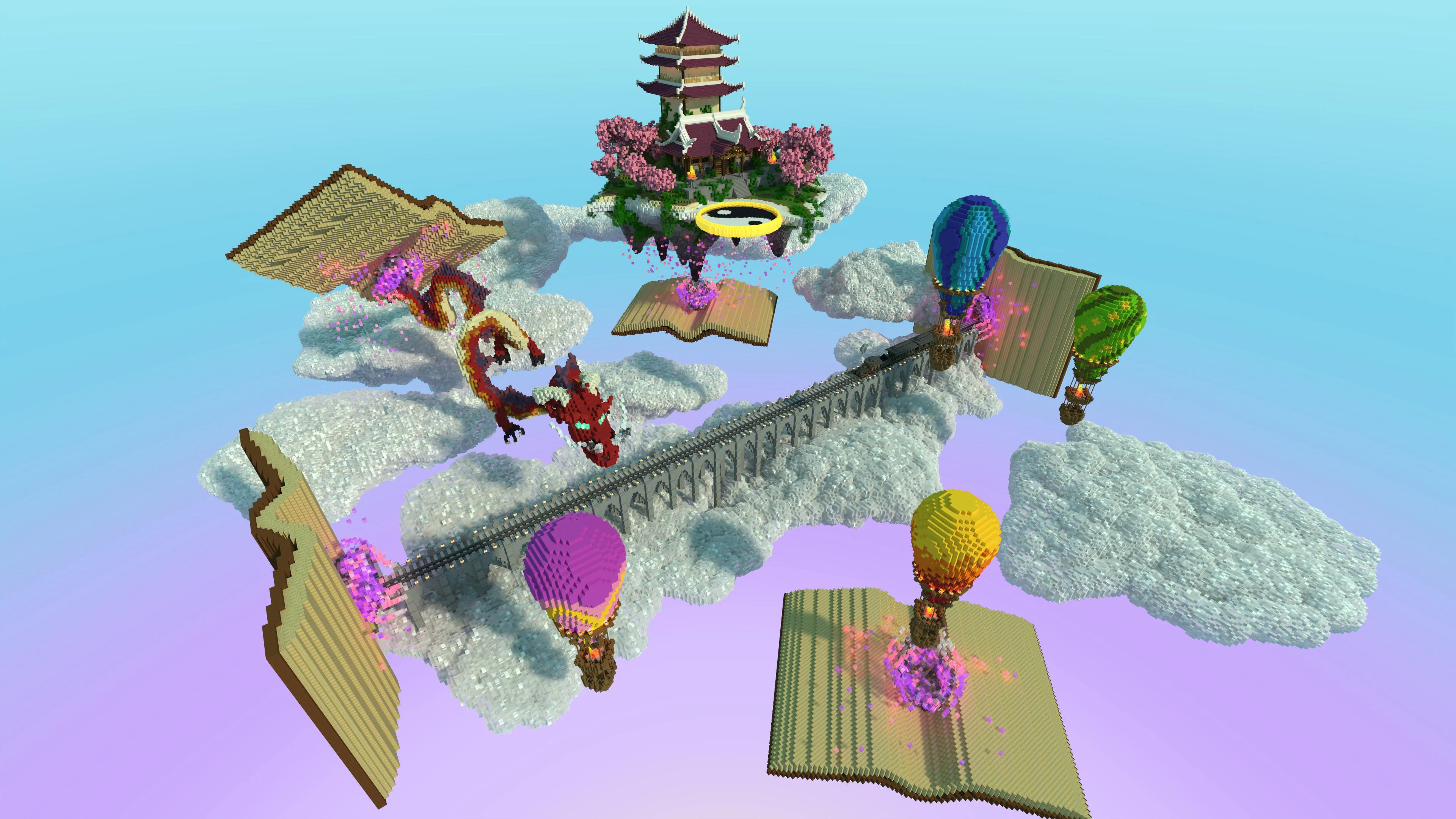 Multiple open books with hot air balloons, a giant dragon, a bridge with a train, and building floating amongst the clouds. 