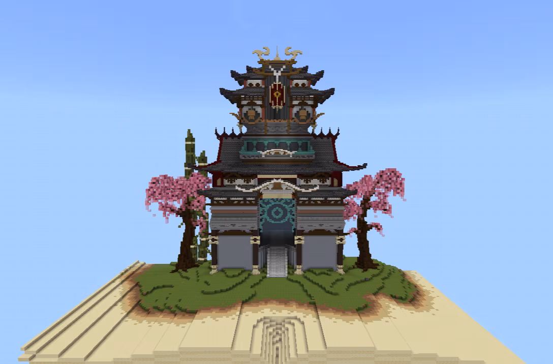 Asian inspired building surrounded by greenery and blossoming trees atop an open book