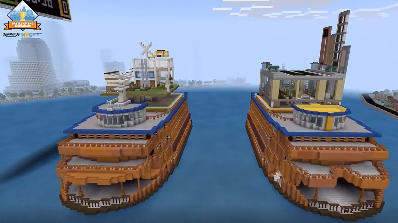 Two ferry boats in the Hudson River serve as the competition grounds for the Minecraft Education Battle of the Boroughs