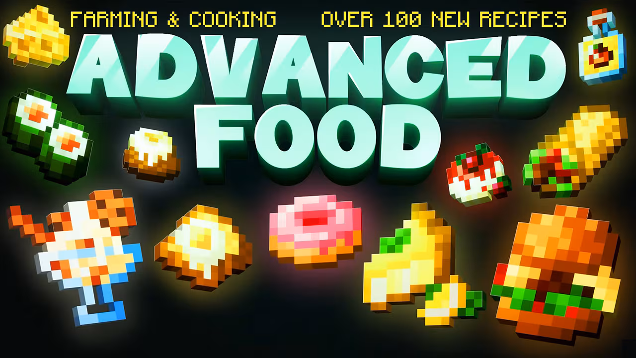 Minecraft Marketplace Advanced Food poster featuring pixelated dishes like sushi, burgers, donuts, and drinks with bold green title text and the tagline Farming & Cooking Over 100 New Recipes