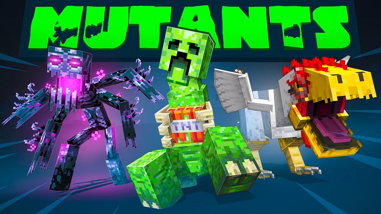 Minecraft Marketplace Mutants poster featuring three mutant mobs: a glowing purple spider-like creature, a giant Creeper with TNT strapped to its chest, and a winged dinosaur-like beast with red spikes