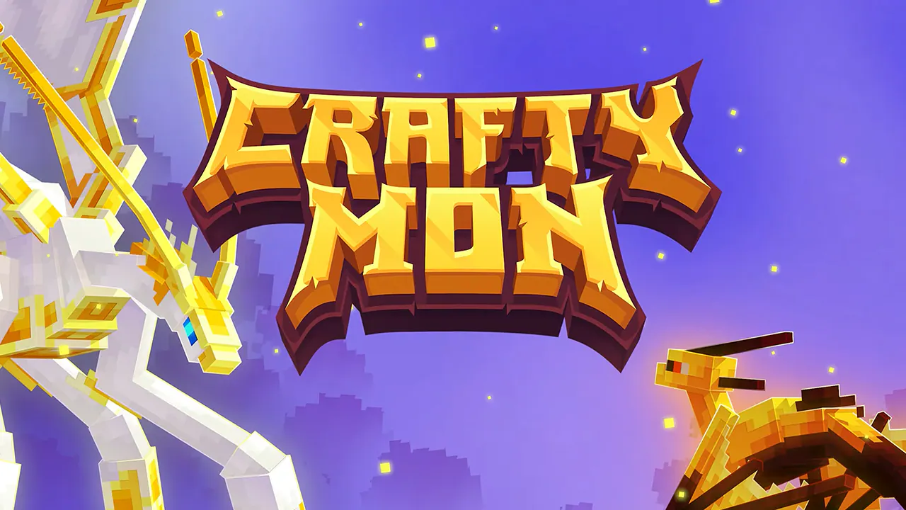 Minecraft Marketplace CraftyMon poster featuring bold golden title text with two pixelated creatures: a white dragon-like monster on the left and a golden insect-like creature on the right against a purple background
