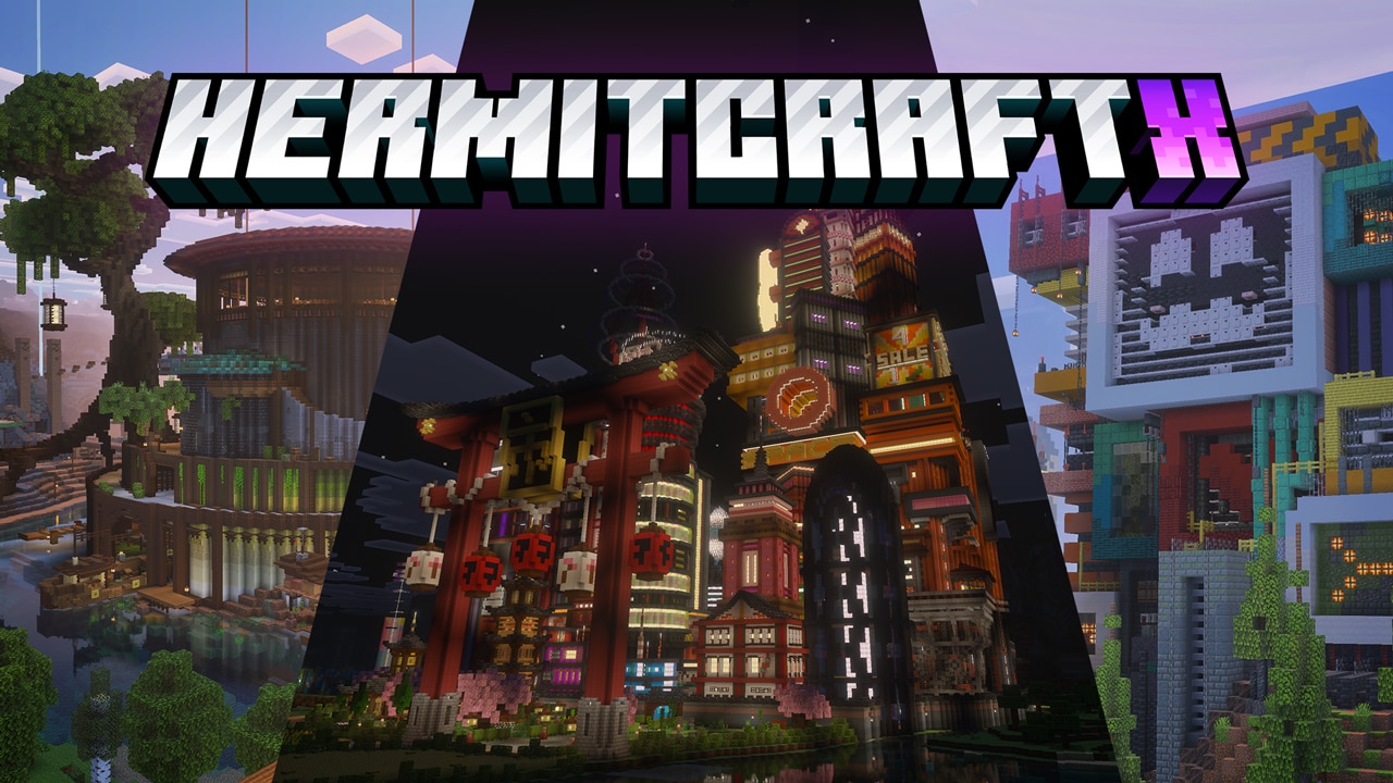 Minecraft Hermitcraft Season 10 poster featuring three builds: a lush treehouse on the left, a neon-lit futuristic city in the center, and a colorful pixel art structure on the right with bold title text at the top