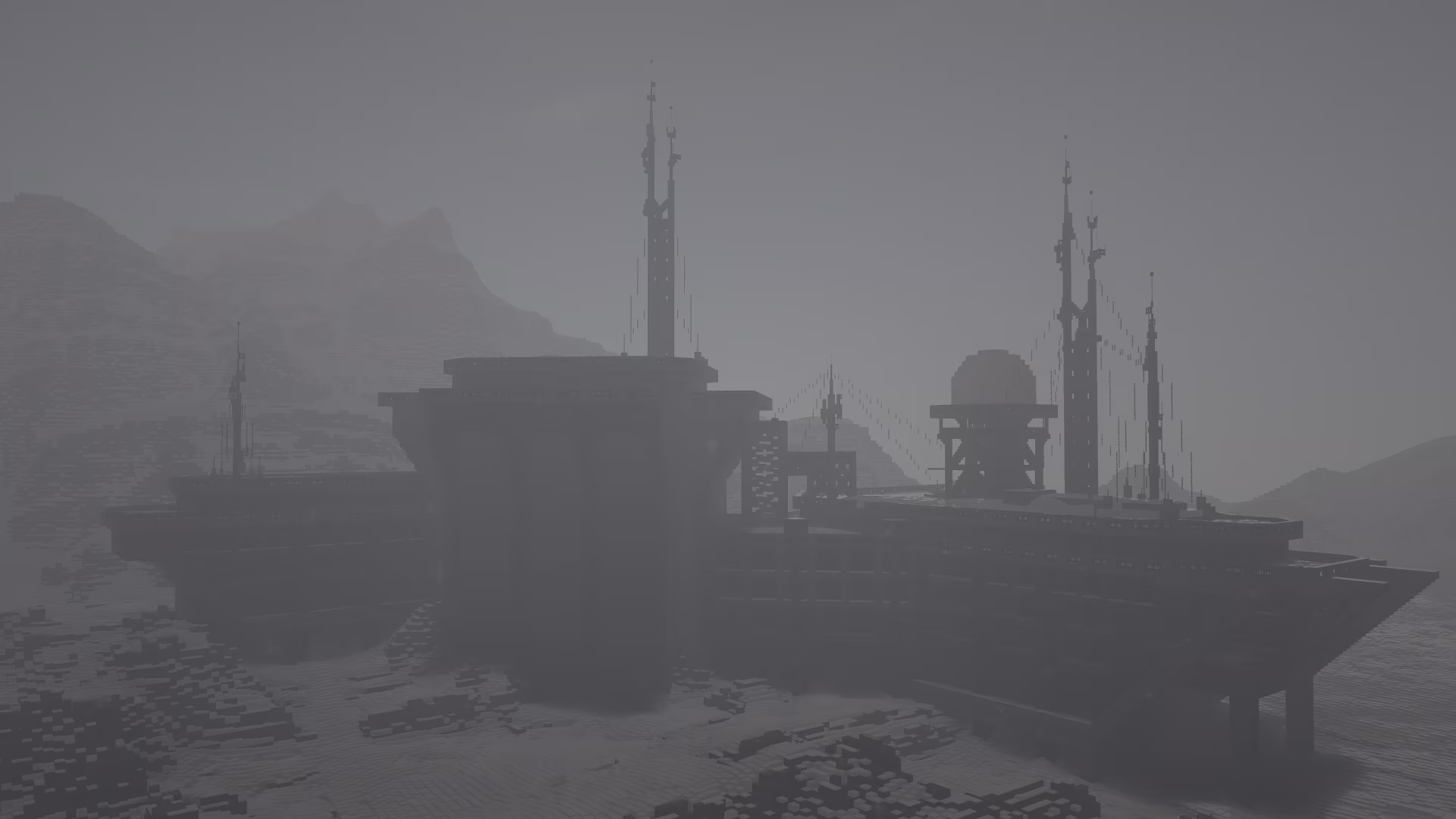 Image of an abandoned building in the dusk that looks like it could be a research facility, surrounded by snowy mountains and an eerie layer of fog