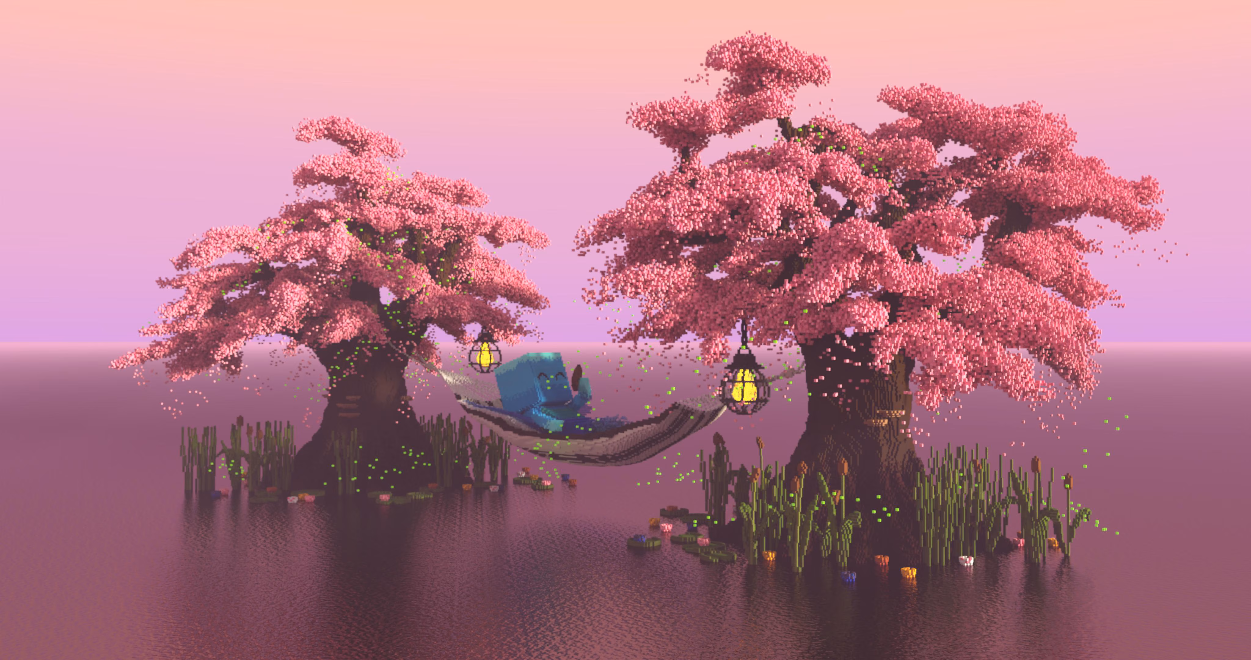 A cute winged blue creature sitting in a hammock and smiling whilst holding a cookie in their left hand as they're surrounded by blossoming pink trees, hanging lanterns, and fireflies
