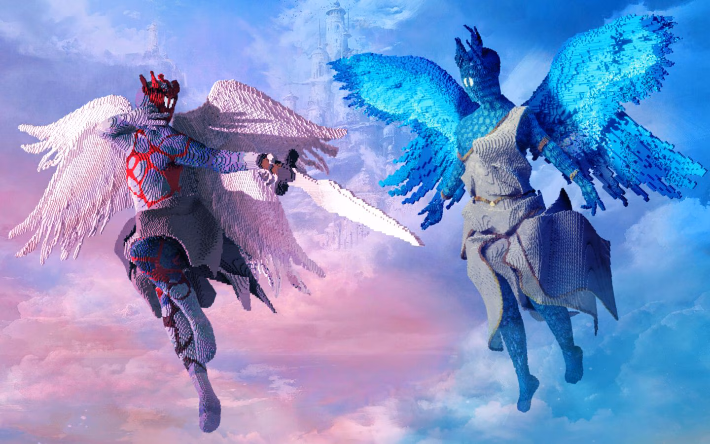 Amidst a pastel cloudy background, two winged humanoids look at each other mid-air. The one on the left has white wings and wears grey robes laced with red, and is holding a sword. The one on the right is blue, and wearing white robes trimmed in a shimmering gold.