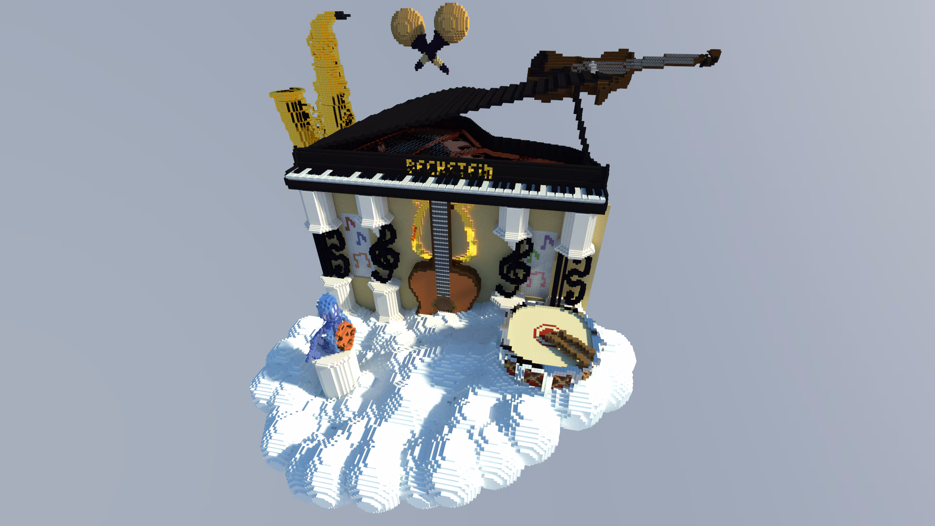 Atop cotton fluffy clouds, a blue winged creature sits with a large chocolate chip cookie in their hand, surrounded by musical instruments like a piano, guitar, violin, saxophone, and maracas.