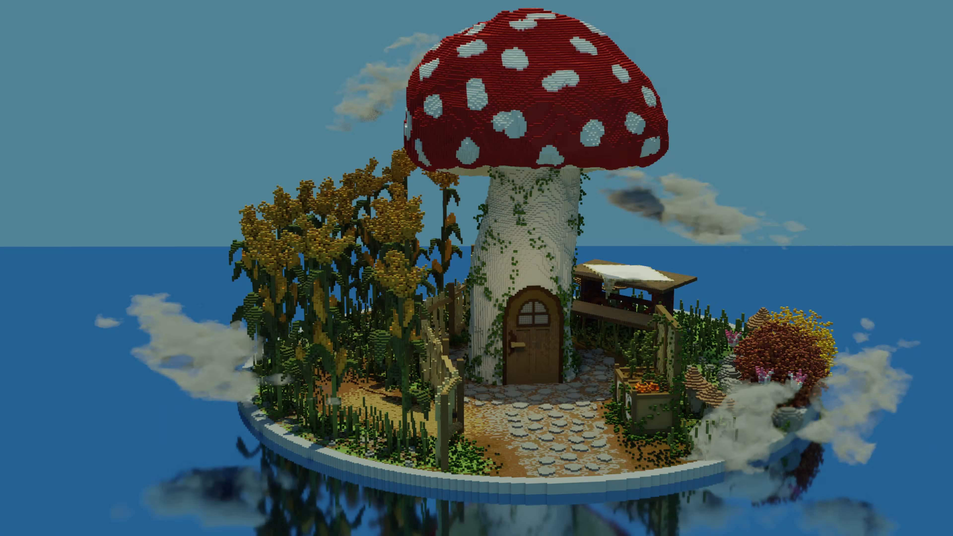 A floating island with tall corn fields, ivy covered toadstool house, and flowers surrounded by a blue sky with fluffy white clouds