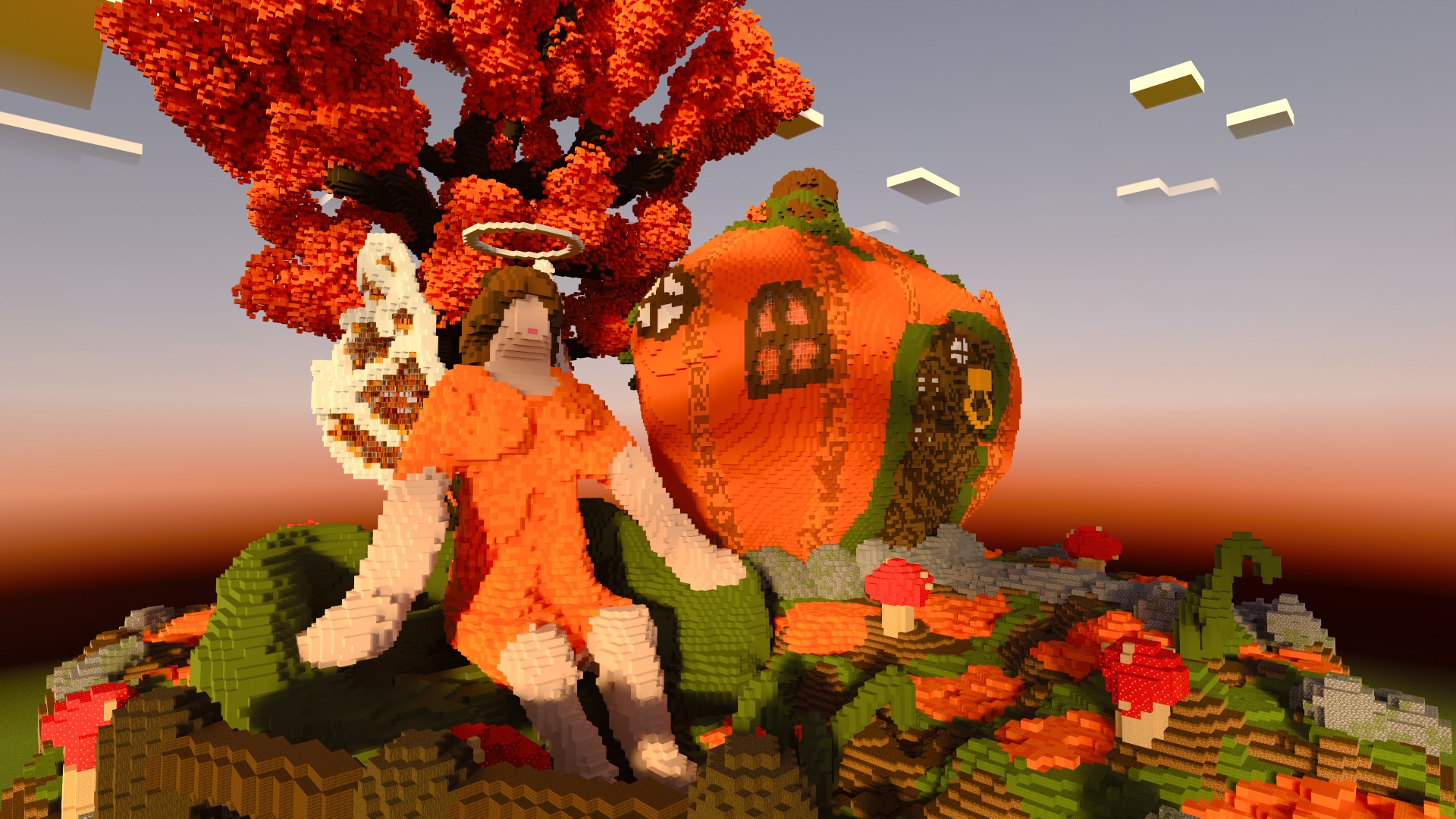 Giant winged fairy wearing an orange dress and brunette hair sitting next to a large house made out of a pumpkin, with a large tree covered in orange leaves in the background and numerous mushrooms strewn about