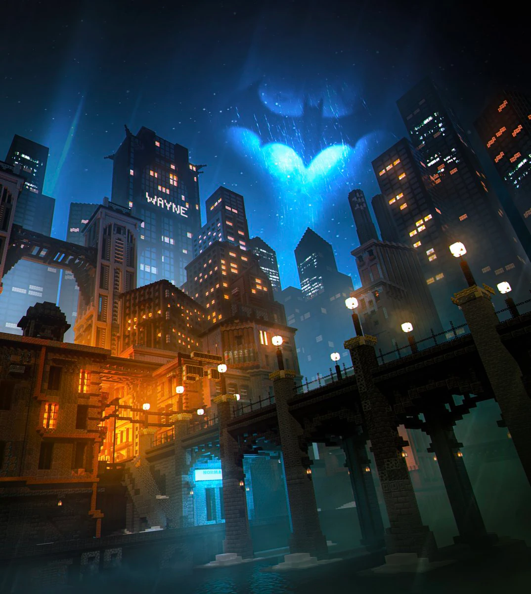 Image of Gotham City at night created in Minecraft with a large Batman symbol lit up in the sky like the Bat signal.