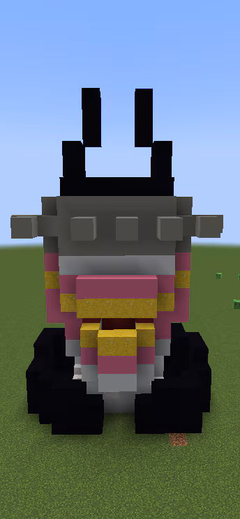 Image created in Minecraft of "The Batman Who Laughs" which is a version of Batman with a spiked crown cowl and a large Joker-esque smile. 