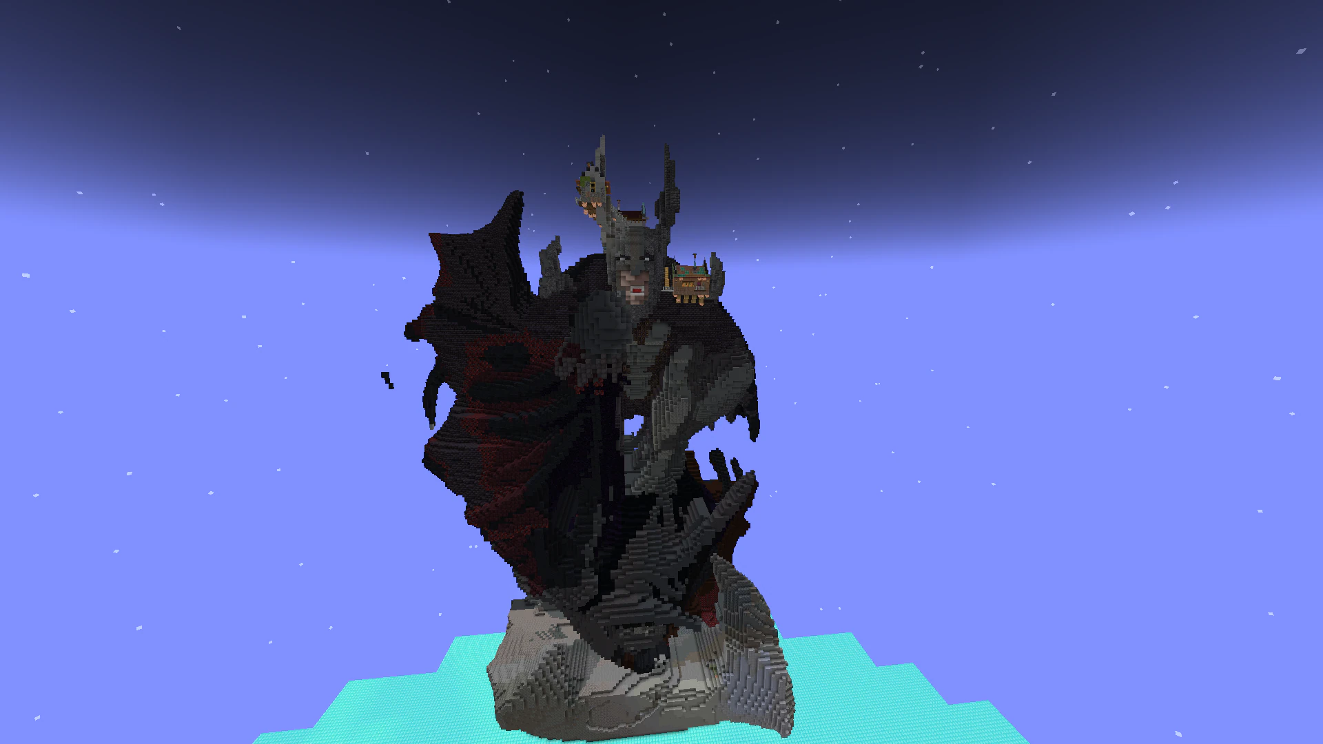 Image of a large Batman figure created in Minecraft with a large cape swirled around him. 