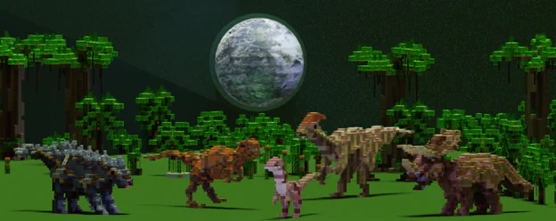 Image created in Minecraft of a group of 5 various dinosaurs, both herbivore and carnivore, standing in a large grassy area beneath a giant moon like its a disco ball
