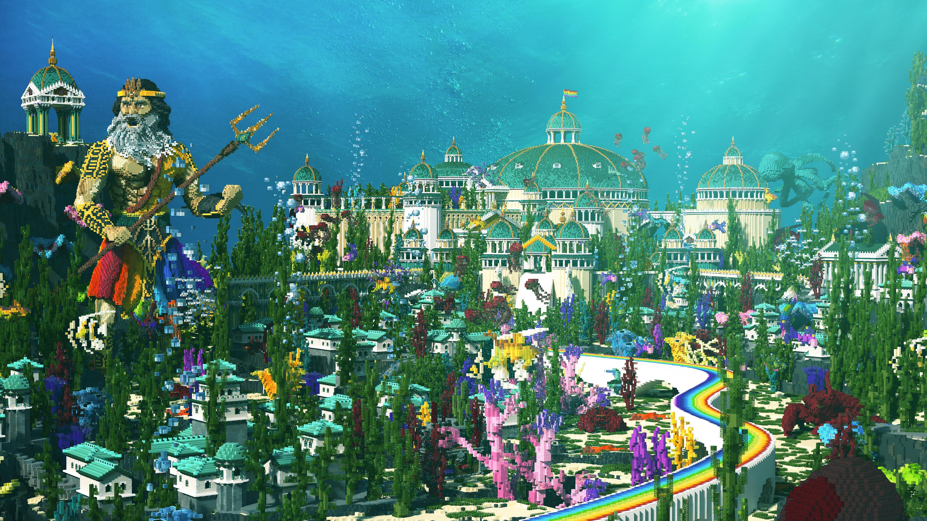 Image created in Minecraft of a large, sprawling underwater Atlantis-esque city complete with a winding rainbow road leading towards the main area of the city and a giant Poseidon, Greek God of the sea, standing to the left wearing a colorful toga-inspired outfit and holding a large trident.