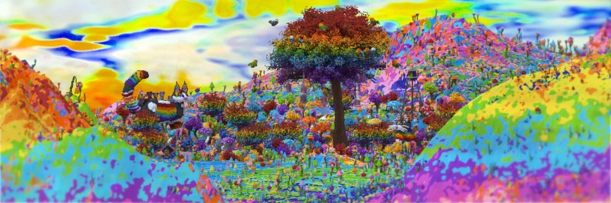 Image created in Minecraft of a large rainbow field with rainbow hills, tons of flowers everywhere, a giant rainbow tree towards the middle right, and a large black and white cat with rainbow accents in more of the background to the left with a trio of mice on its back.