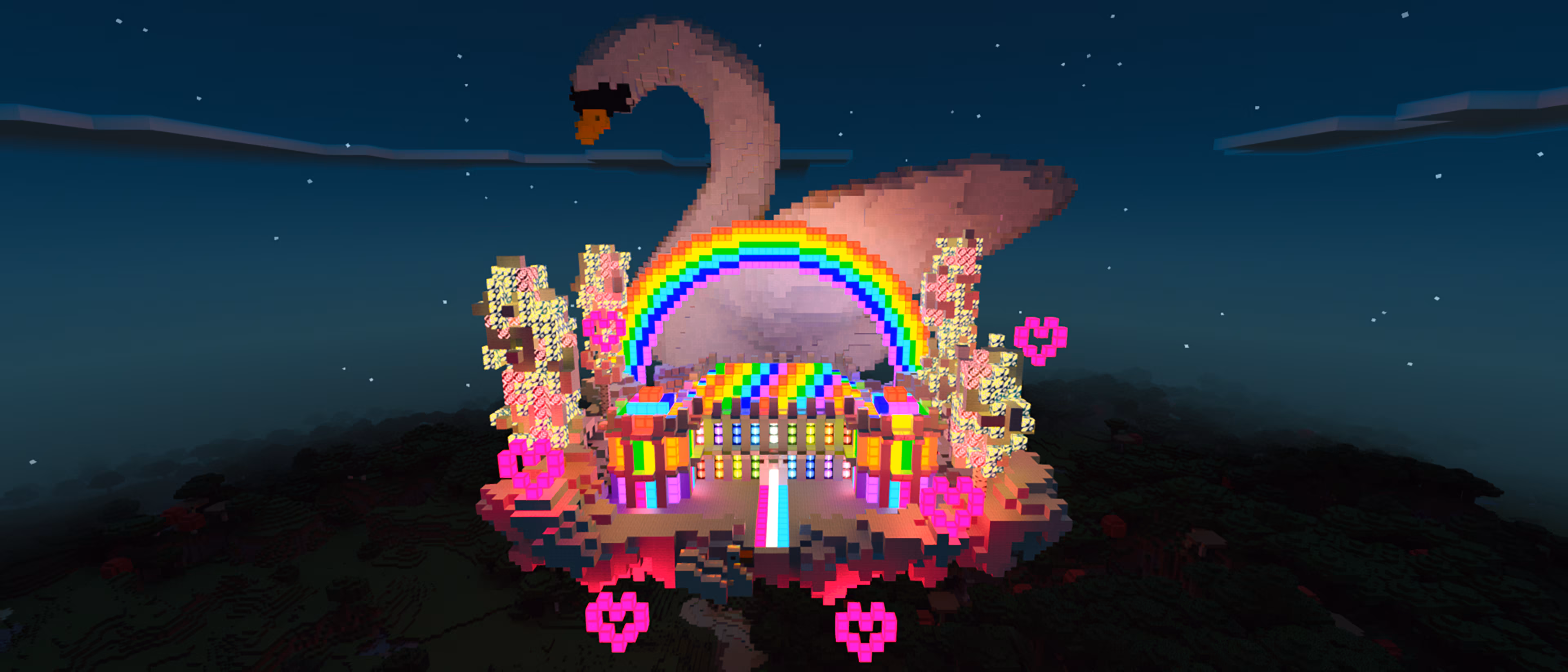 Image created in Minecraft of a giant floating cloud in the air against a starlit night sky, that has pink pixel hearts floating around it, a large mansion-esque building atop of it glowing with various rainbow colors, a large glowing rainbow arcing over the mansion behind it, and a very giant white swan behind everything.